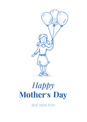 Happy mothers day. Daughter with balloons. Small girl. Hand drawn illustration. Blue line design. Card template.