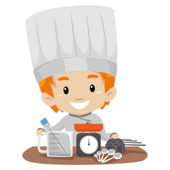 Vector Illustration of Little Boy Chef with Measuring tools