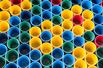 Top view of primary colors of mix color cups for artist painting.