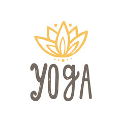 Yoga and lotus. Vector hand drawn lettering and illustration