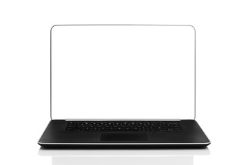 Sleek modern laptop with blank white screen, front view and isolated on white background with reflection