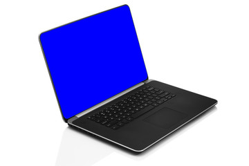 Sleek modern laptop with blank blue chroma key screen, front side view tilted back and isolated on white background with reflection