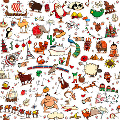 Around the World seamless pattern in colors on white background