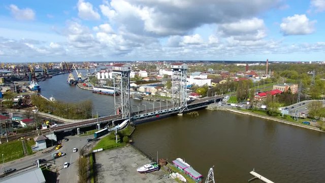Two-tier bridge in the background of the Kaliningrad port, aerial view