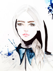 Watercolor fashionable sketch. Girl model - 145730442
