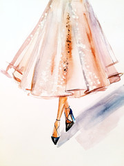 Watercolor fashionable sketch. Skirt with paillettes - 145730462