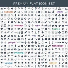 Premium flat vector icons set for business, finance, shopping, holidays, people, charts and graphs - 145730618