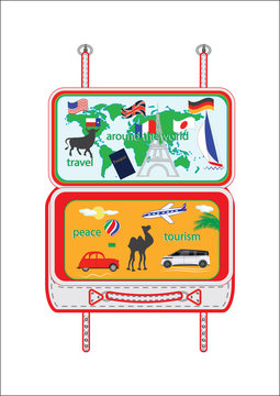Tourist Poster. Open suitcase world map flags and symbols of different countries airplane yacht machine inscription tourism travel around the world art creative modern vector illustration flat style.