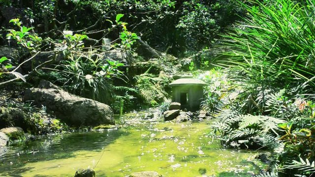 Stream in a garden.	Japanese garden.