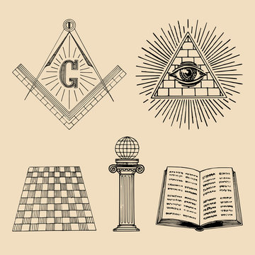 Vector masonic symbols set. Sacred society icons, freemasonry emblems, logos. Esoteric illustrations collection.