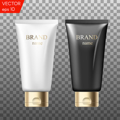Realistic plastic tubes for cosmetic products. Beauty set of blank template containers for: gel of skincare, hand care cream, bb, face mask or foundation. White, black and golden colors
