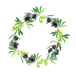 Olives branches of olive tree. Round wreath. Watercolor