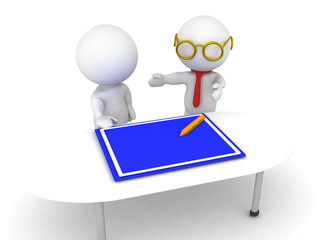 3D illustration of architects discussing blue print