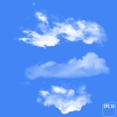 Three realistic clouds on a sky-blue background. Vector illustration