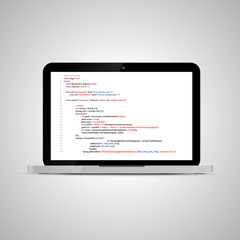 Realistic glossy laptop with simple website HTML code on white