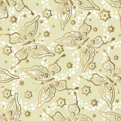 Seamless Background, Tile Pattern with Butterflies and Flowers. Vector