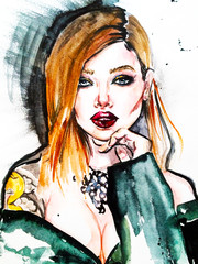 Watercolor portrait. Girl with a tattoo - 145735054