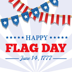 Flag Day background. USA patriotic template with text, stripes and stars. Vector colorful bunting decoration. Garland, pennants on a rope for american party, festival, celebration, special event