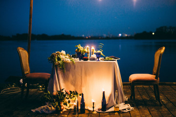 Beautiful decoration for wedding dinner at night