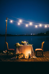 Beautiful decoration for wedding dinner at night