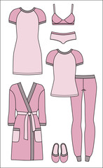 Set of women's homewear, sleepwear and underwear. Pink bathrobe, nightgown, pyjama, slippers, bra and panty on white background. Vector illustration