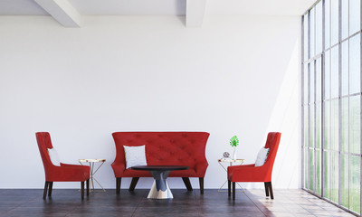 The living room and red sofa interior design 3d rendering