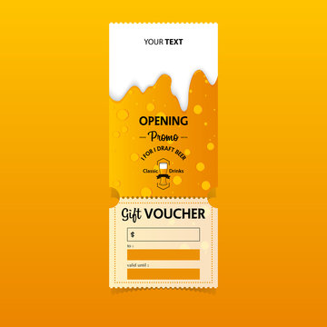 Discount gift vouchers template design for opening beer party. Special offer or certificate coupons. Vector.