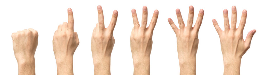 Male hands counting from zero to five isolated