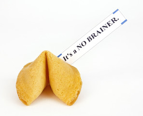 NO BRAINER fortune cookie. Isolated.