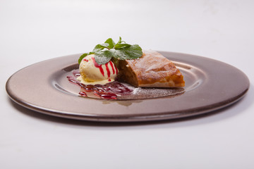 Apple strudel with vanilla ice cream