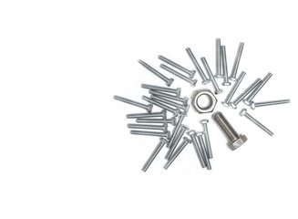 find the right man for the right job concept ,bolts and a nut on white background, flat top view