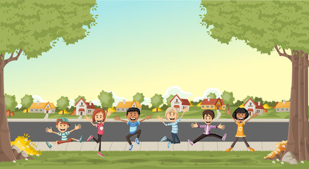 Colorful houses in suburb neighborhood with cute cartoon kids jumping.
