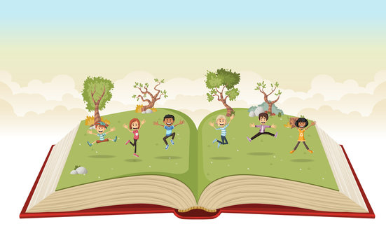 Open book with cute cartoon kids jumping on green park.
