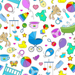 Seamless pattern on the theme of childhood and newborn babies, baby accessories, accessories and toys, simple color icons on white background