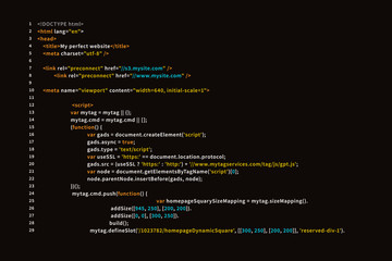 Simple website HTML code with colourful tags in browser view on dark
