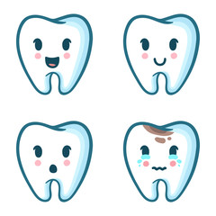 Vector set of cartoon teeth with different emotions. Funny tooth character expressions