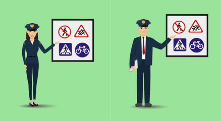 Illustration of a policeman and policewoman showing signage. Police people teaching road signs.