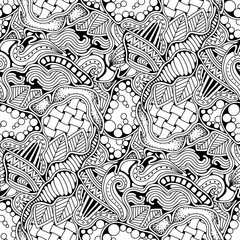 Abstract zen art doodle native seamless pattern. Waves, leaves and different textures monochrome background.