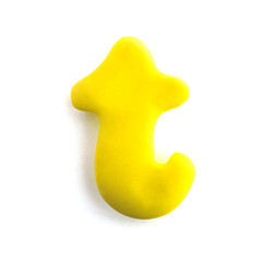 3d yellow text word letter T isolated on white background. Cute cartoon children's style figures handmade handicraft for clay plastiline