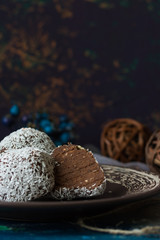 Chocolate cake in coconut chips