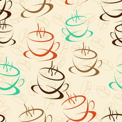 Coffee seamless background for your design. Vector pattern with coffee beans and cups on beige.