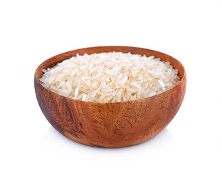 white rice (Thai Jasmine rice) in wooden bowl isolated on white background