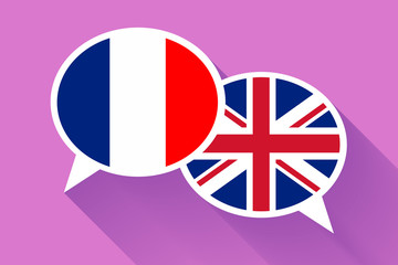Two white speech bubbles with France and Great britain flags