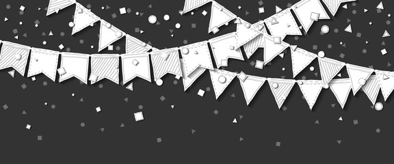 Party flags. Awesome celebration card with white stitched cutout paper party flags and confetti on dark background. Party background with paper decorations. Vector illustration.