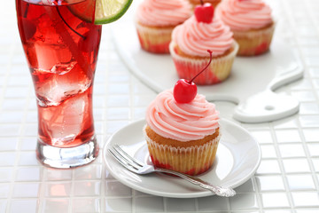 homemade cherry cupcake and shirley temple cocktail