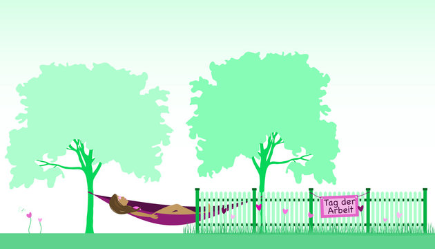 Labor day. Celebration of the First of May. Woman in hammock relaxing and fence with flowers in green landscape. Sign with text : Labor day (in German).