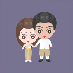 Obraz na płótnie Canvas Groom holding hand with Bridge, lover couple in Thai wedding costume concept, flat design vector