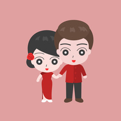Obraz na płótnie Canvas Groom holding hand with Bridge in Chinese costume, lover couple in wedding costume concept, flat design vector