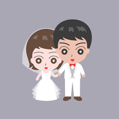 Groom holding hand with Bridge, lover couple in wedding costume concept, flat design vector