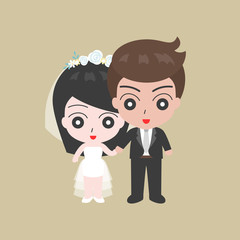 Groom holding hand with Bridge, lover couple in wedding costume concept, flat design vector